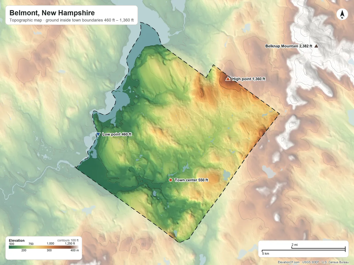 Topographic elevation map of Belmont, New Hampshire, shaded from 460 ft on the northwest side to 1,360 ft on the northeast side