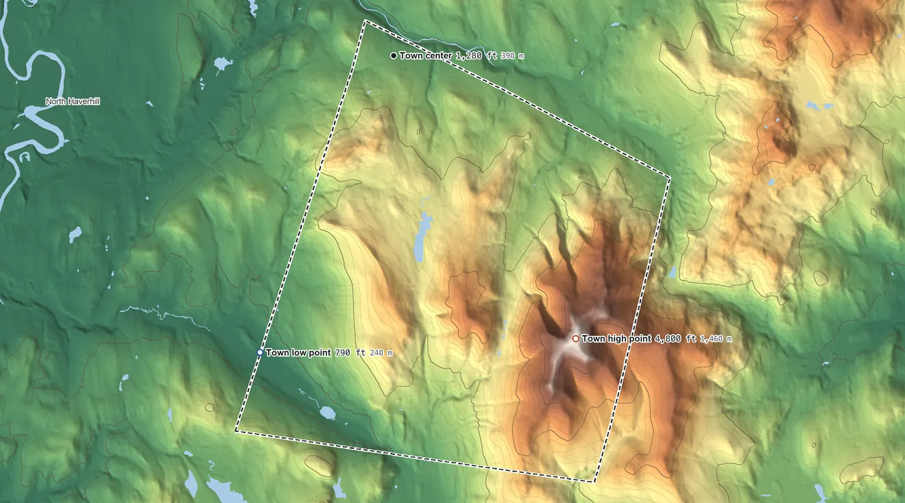 Topographic elevation map of Benton, New Hampshire, shaded from 790 ft on the southwest side to 4,797 ft on Mount Moosilauke