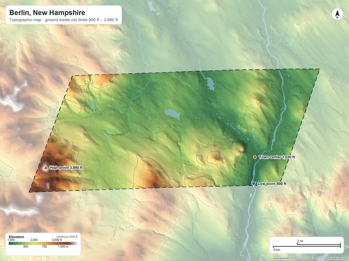 Topographic elevation map of Berlin, New Hampshire, shaded from 900 ft near the middle to 3,890 ft on Mount Weeks