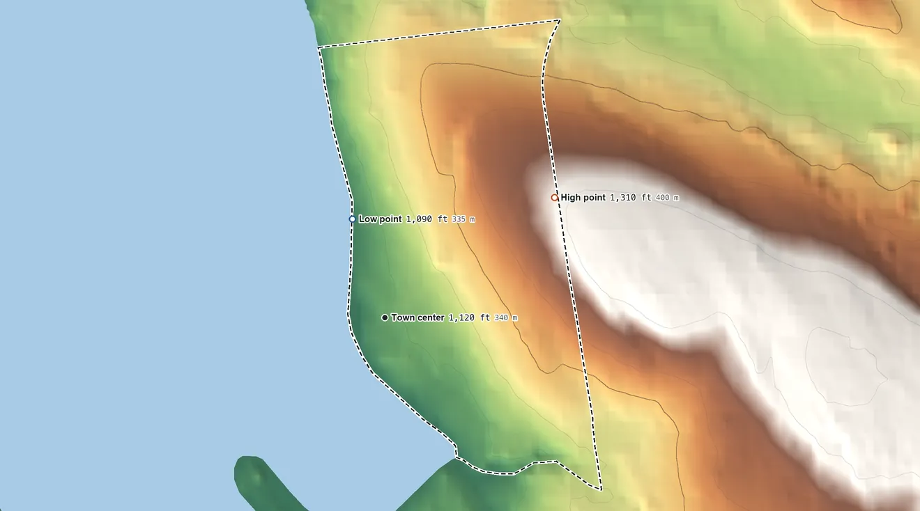 Topographic elevation map of Blodgett Landing, New Hampshire, shaded from 1,090 ft on the north side to 1,310 ft on the northeast edge, below higher ground just outside