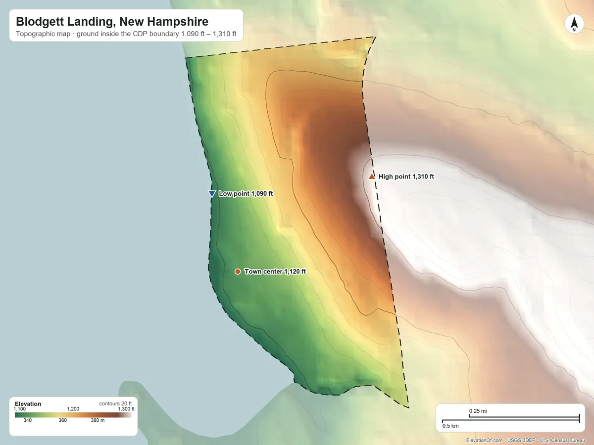Topographic elevation map of Blodgett Landing, New Hampshire, shaded from 1,090 ft on the north side to 1,310 ft on the northeast edge, below higher ground just outside