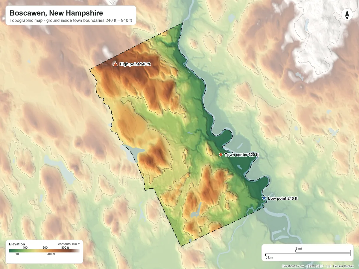Topographic elevation map of Boscawen, New Hampshire, shaded from 240 ft on the southeast side to 940 ft on the northwest side