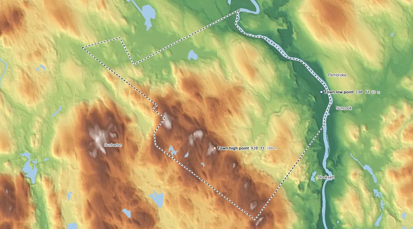 Topographic elevation map of Bow, New Hampshire, shaded from 190 ft on the east side to 920 ft on Picked Hill