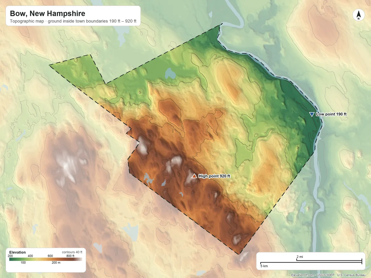 Topographic elevation map of Bow, New Hampshire, shaded from 190 ft on the east side to 920 ft on Picked Hill