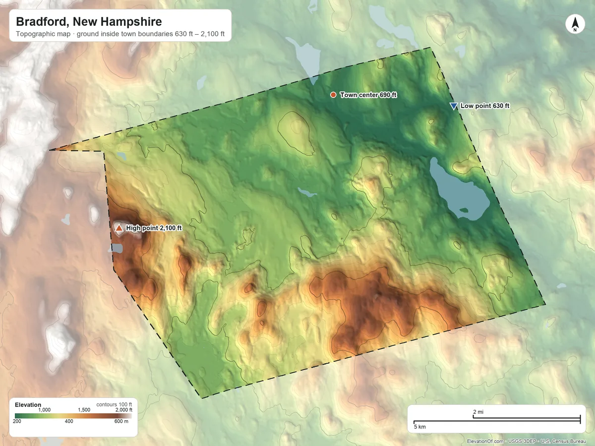 Topographic elevation map of Bradford, New Hampshire, shaded from 630 ft on the east side to 2,100 ft on the southwest side