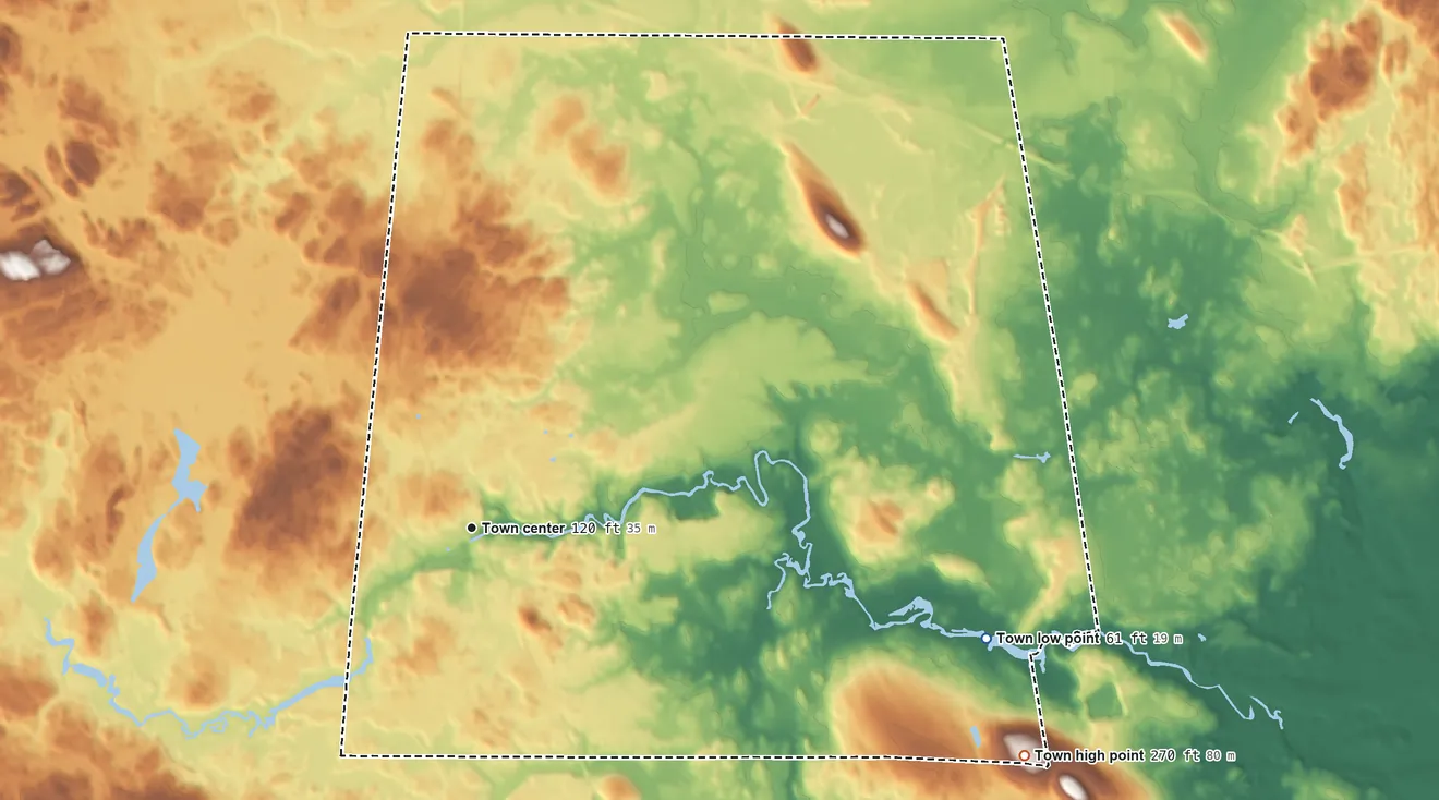 Topographic elevation map of Brentwood, New Hampshire, shaded from 61 ft on the east side to 270 ft on the east edge, below higher ground just outside