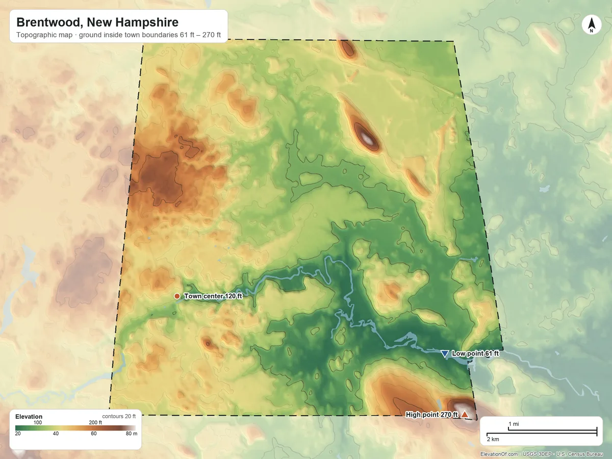 Topographic elevation map of Brentwood, New Hampshire, shaded from 61 ft on the east side to 270 ft on the east edge, below higher ground just outside