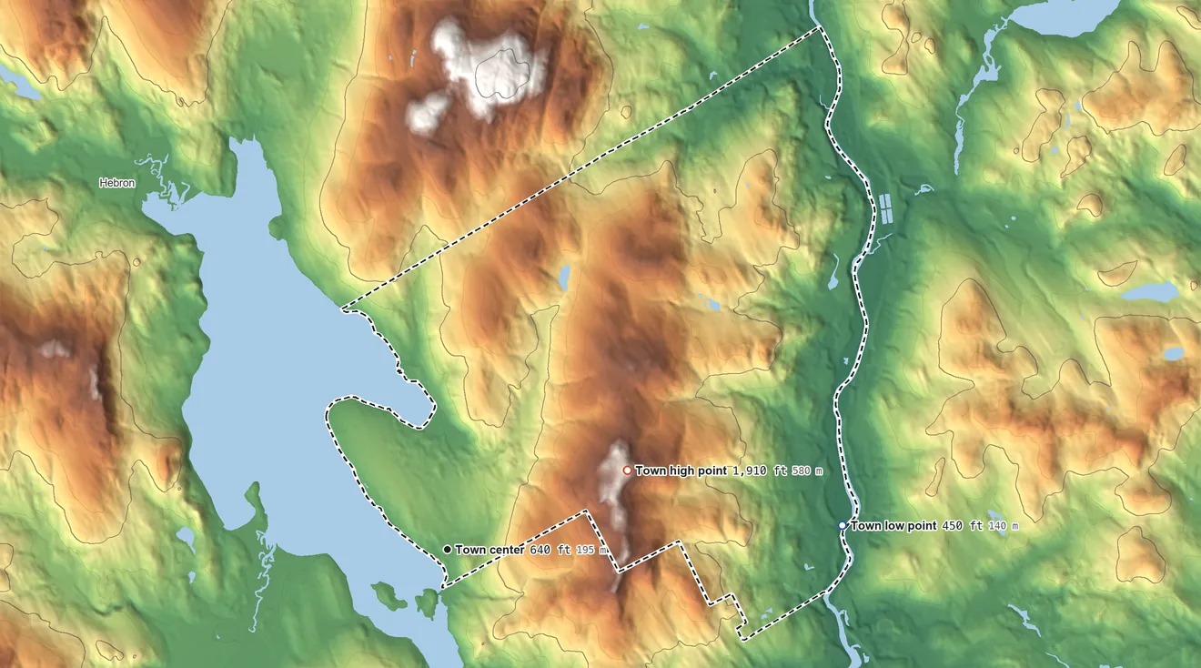 Topographic elevation map of Bridgewater, New Hampshire, shaded from 450 ft on the east side to 1,910 ft on Peaked Hill