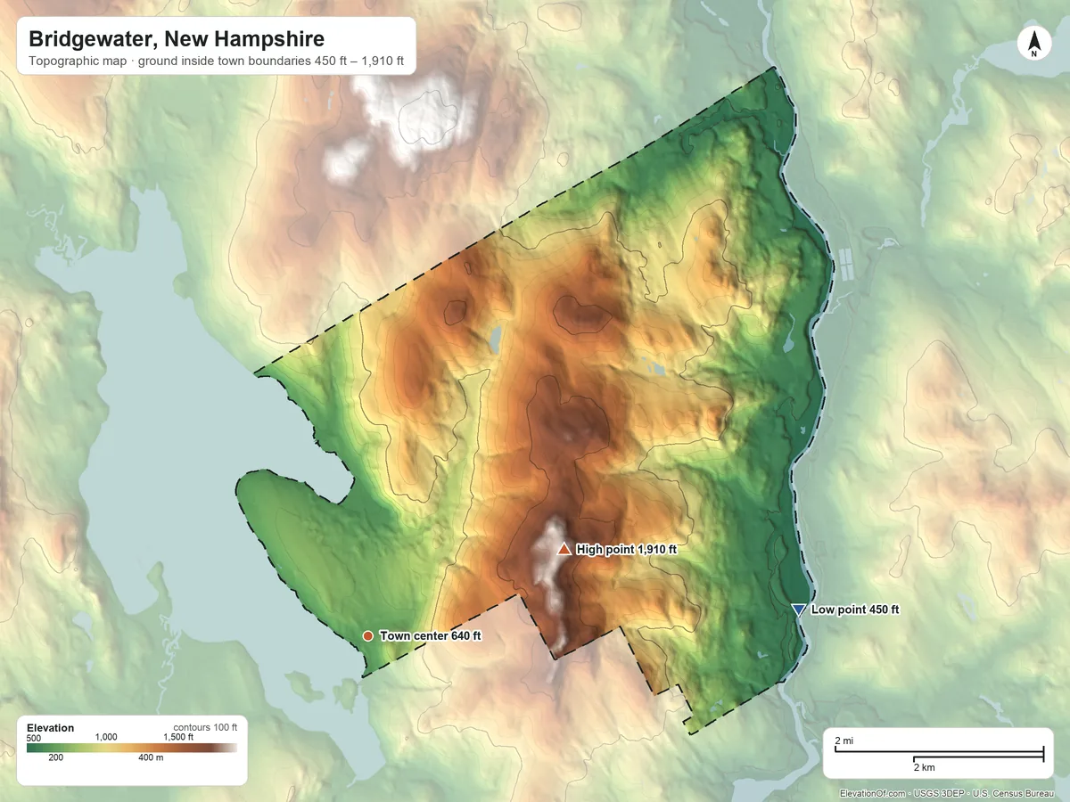 Topographic elevation map of Bridgewater, New Hampshire, shaded from 450 ft on the east side to 1,910 ft on Peaked Hill