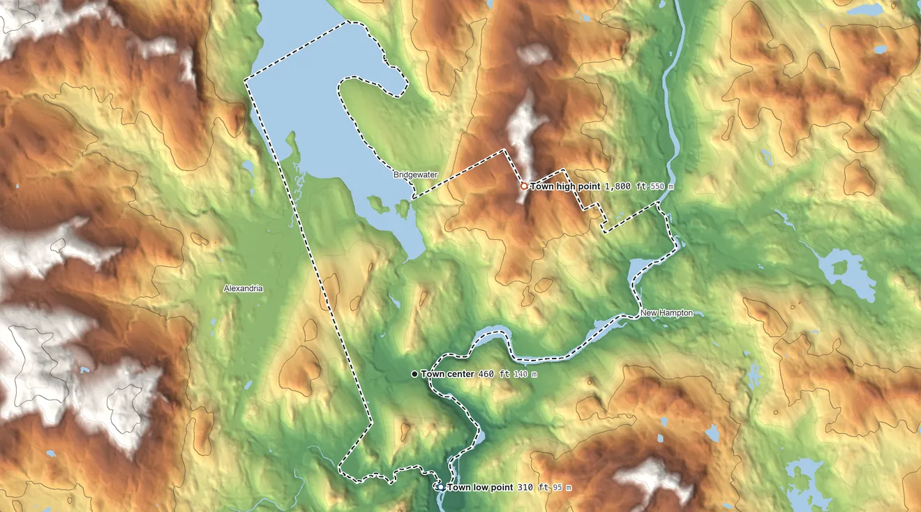 Topographic elevation map of Bristol, New Hampshire, shaded from 310 ft on the south side to 1,800 ft on the northeast side