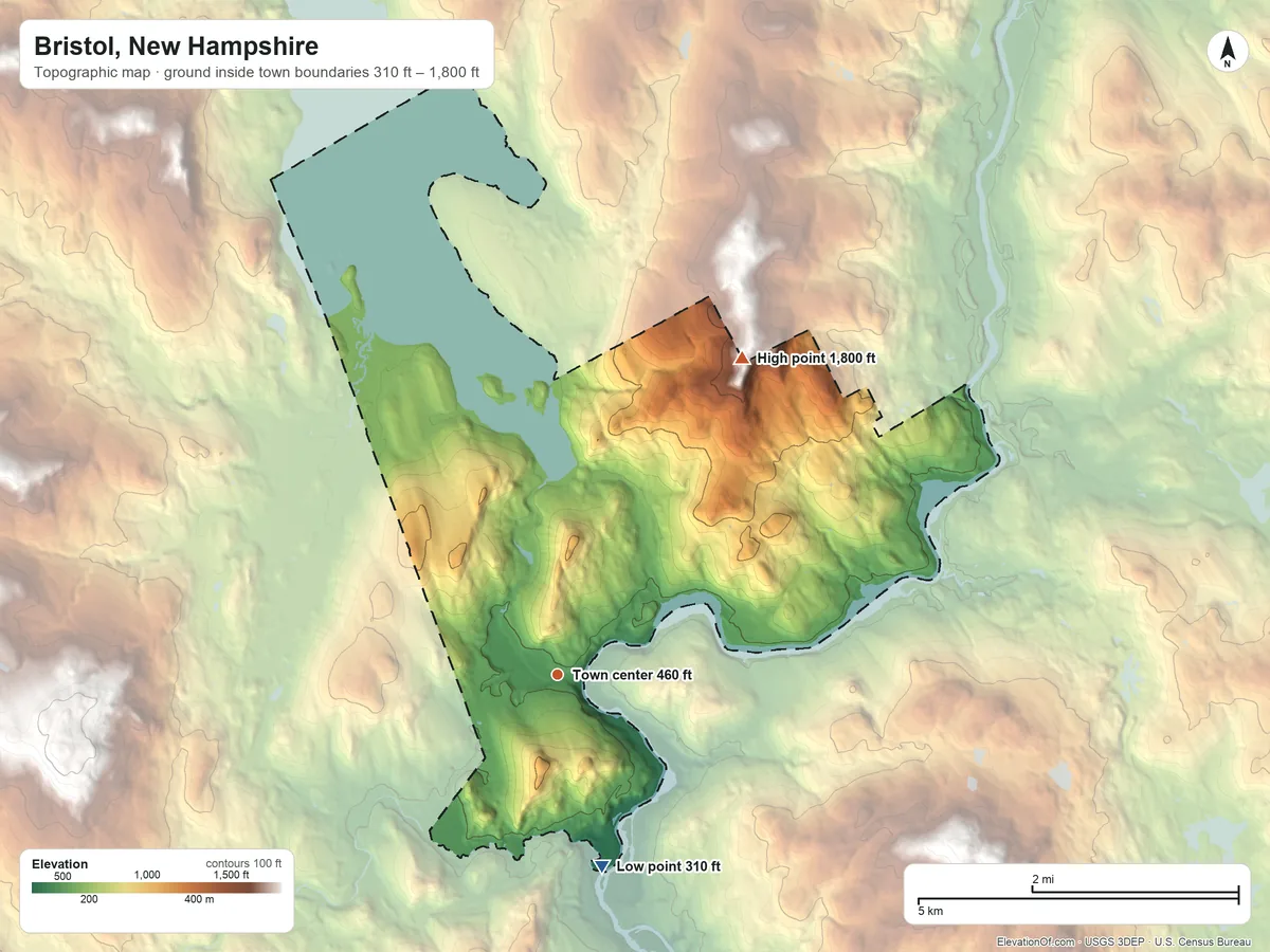 Topographic elevation map of Bristol, New Hampshire, shaded from 310 ft on the south side to 1,800 ft on the northeast side