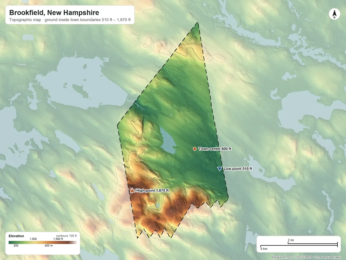 Topographic elevation map of Brookfield, New Hampshire, shaded from 510 ft on the southeast side to 1,870 ft on Copple Crown Mountain