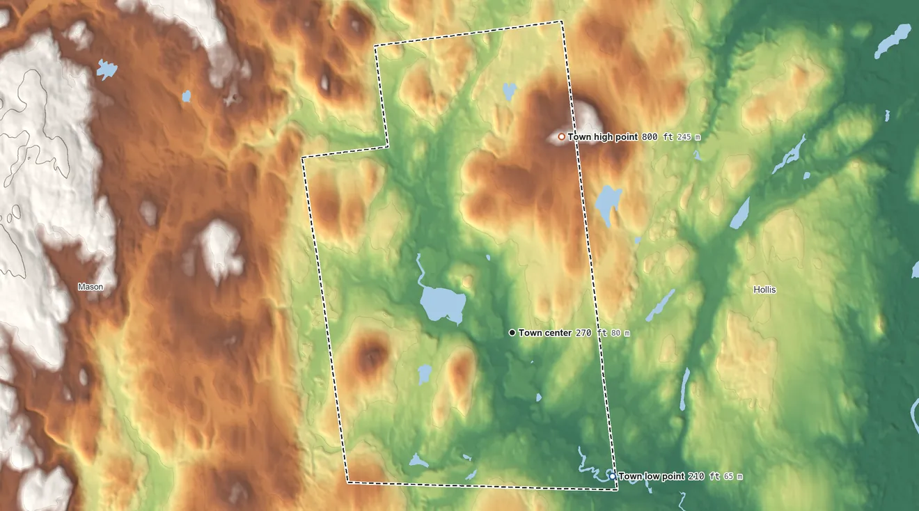 Topographic elevation map of Brookline, New Hampshire, shaded from 210 ft on the southeast side to 800 ft on the north side