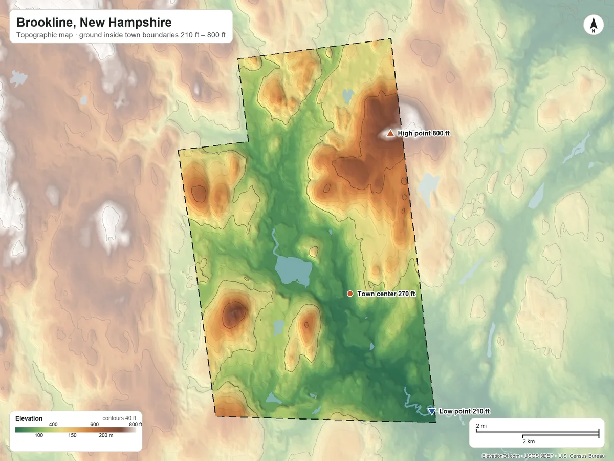 Topographic elevation map of Brookline, New Hampshire, shaded from 210 ft on the southeast side to 800 ft on the north side