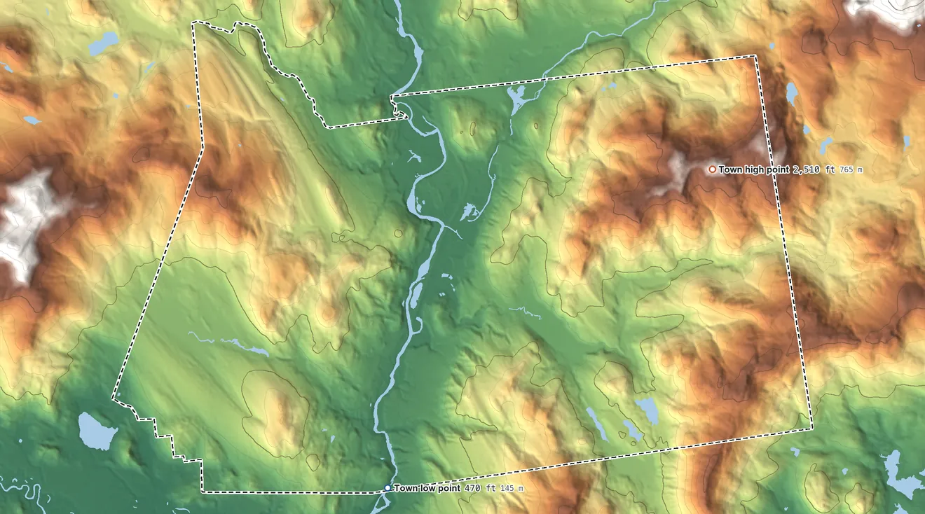 Topographic elevation map of Campton, New Hampshire, shaded from 470 ft on the south side to 2,510 ft on Mount Weetamoo