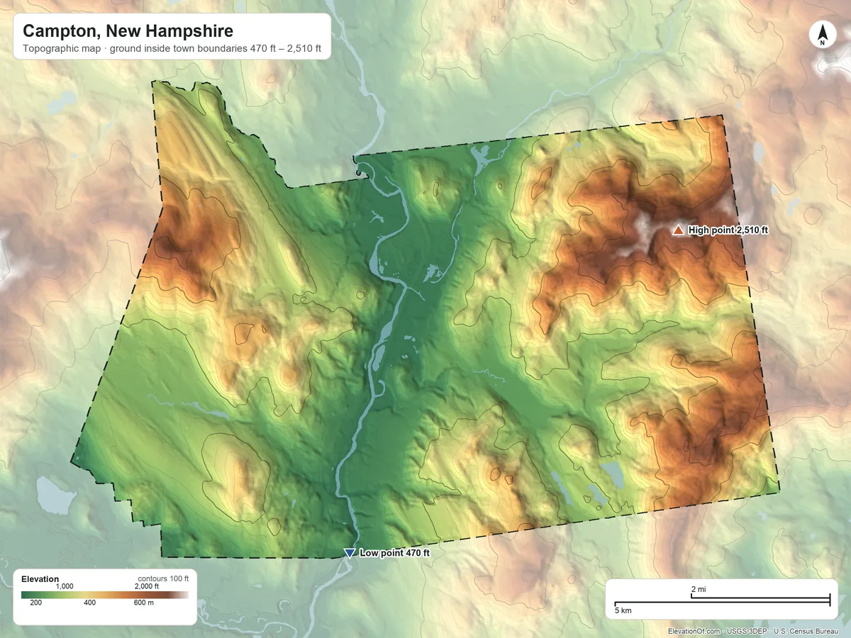 Topographic elevation map of Campton, New Hampshire, shaded from 470 ft on the south side to 2,510 ft on Mount Weetamoo