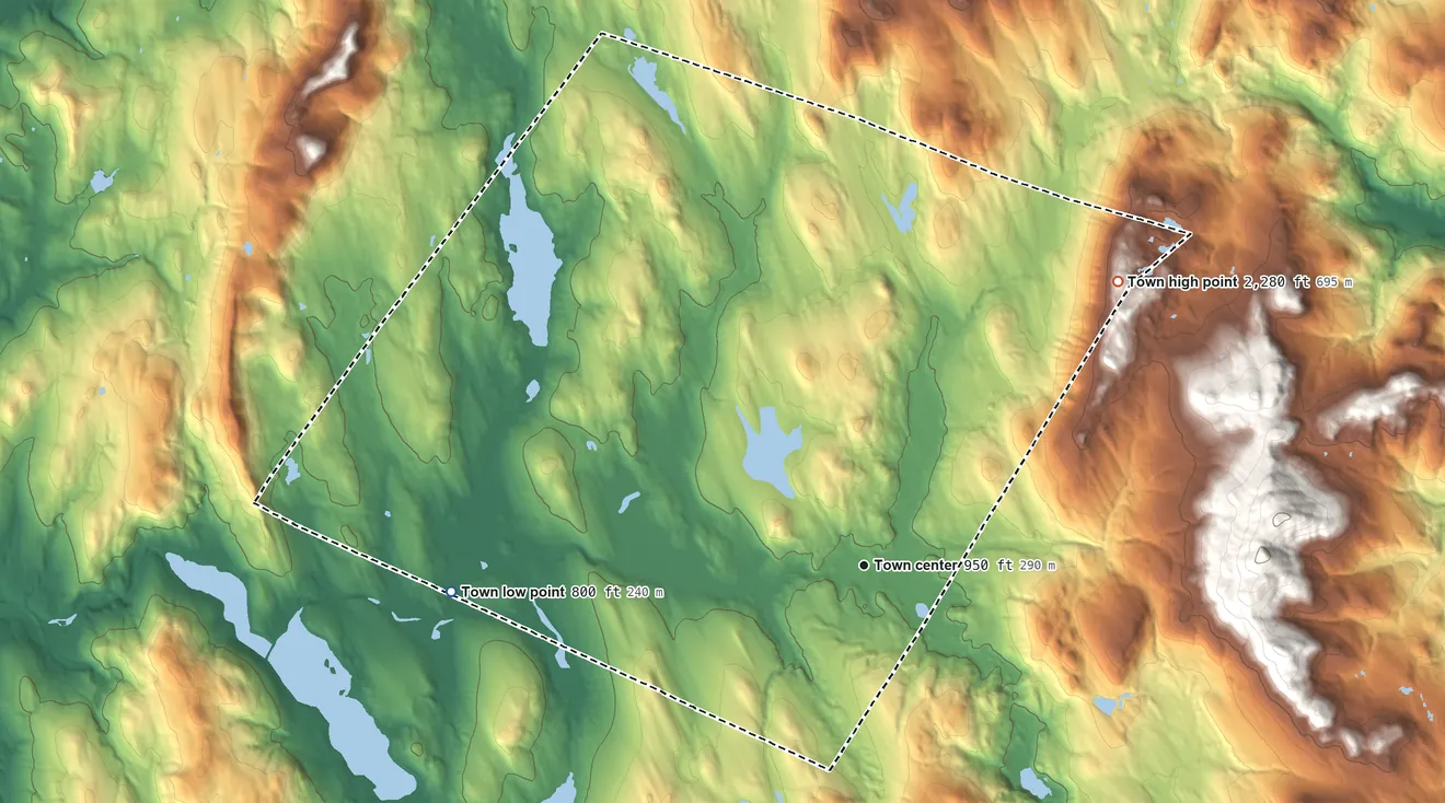 Topographic elevation map of Canaan, New Hampshire, shaded from 800 ft on the west side to 2,280 ft on the northeast side