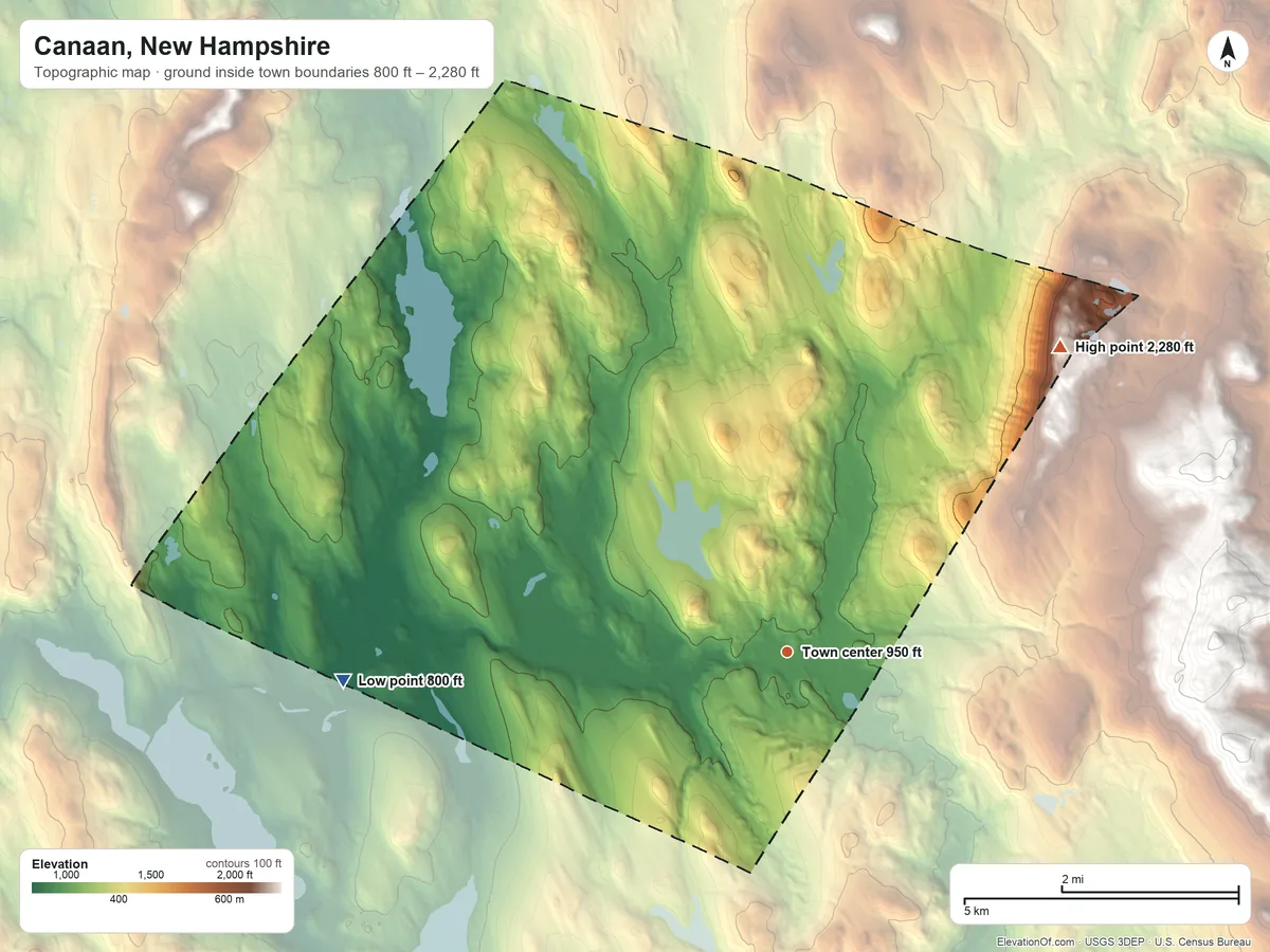 Topographic elevation map of Canaan, New Hampshire, shaded from 800 ft on the west side to 2,280 ft on the northeast side