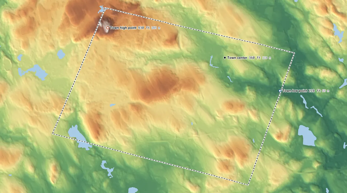 Topographic elevation map of Candia, New Hampshire, shaded from 210 ft on the southeast side to 930 ft on Hall Mountain