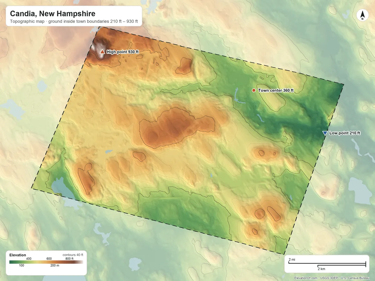 Topographic elevation map of Candia, New Hampshire, shaded from 210 ft on the southeast side to 930 ft on Hall Mountain