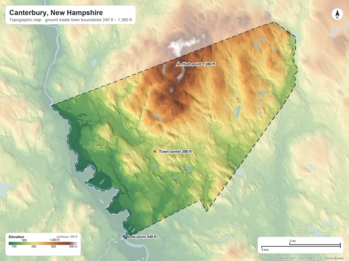 Topographic elevation map of Canterbury, New Hampshire, shaded from 240 ft on the south side to 1,380 ft on the north side