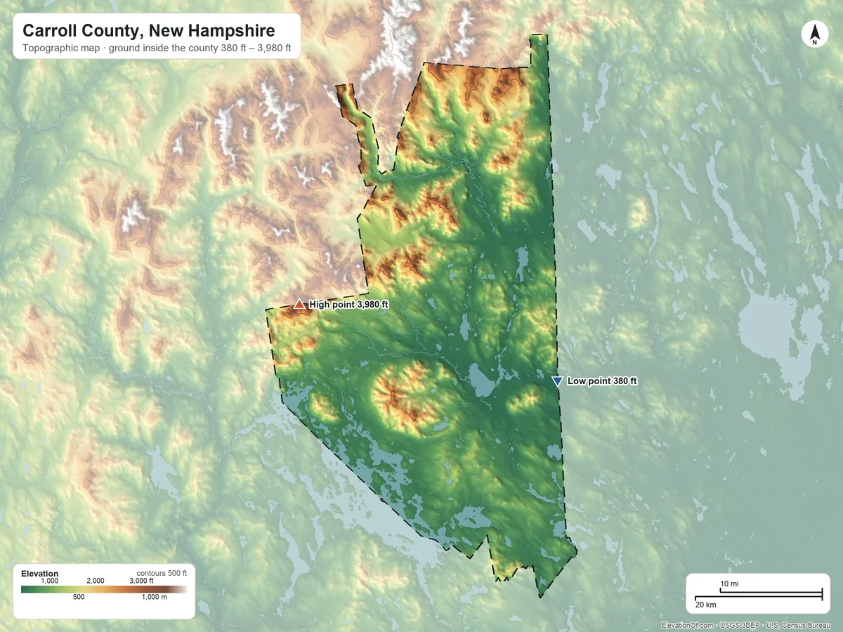 Topographic elevation map of Carroll County, New Hampshire, shaded from 380 ft on the southeast side to 3,980 ft on Sandwich Mountain