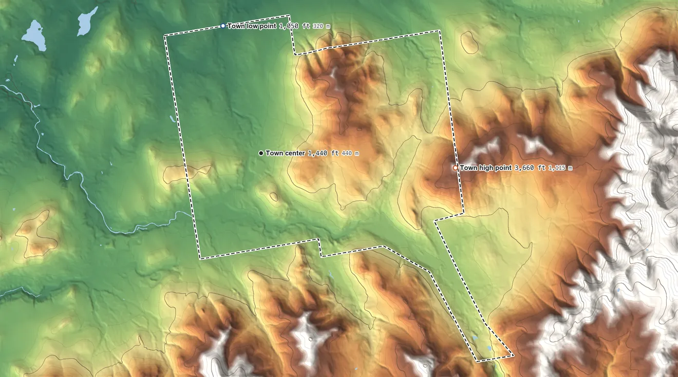 Topographic elevation map of Carroll, New Hampshire, shaded from 1,050 ft on the north side to 3,660 ft on Mount Deception