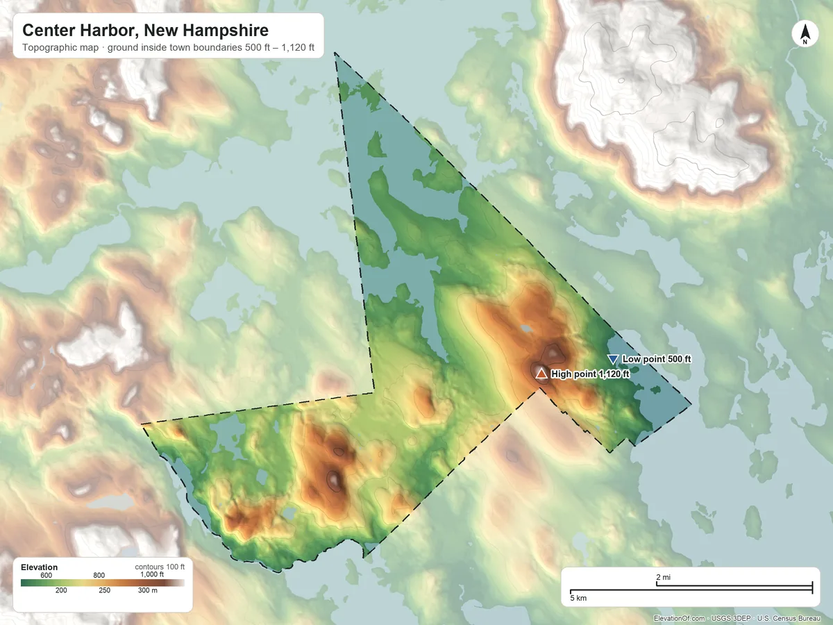 Topographic elevation map of Center Harbor, New Hampshire, shaded from 500 ft on the east side to 1,120 ft on Sunset Hill