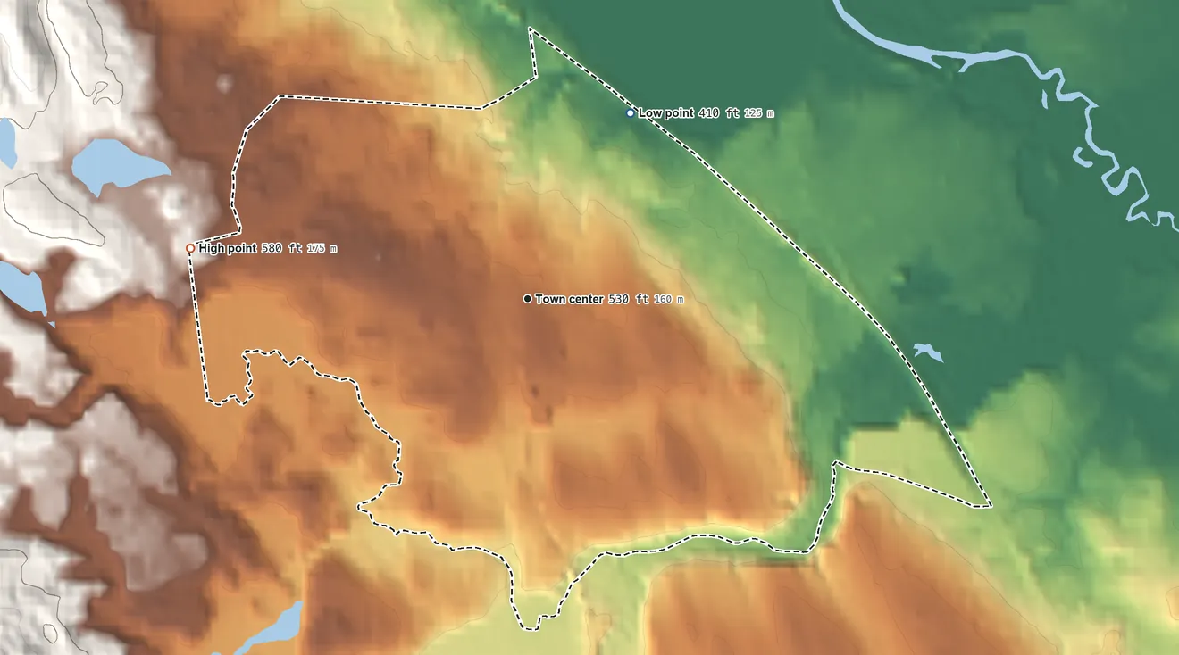 Topographic elevation map of Center Ossipee, New Hampshire, shaded from 410 ft on the northeast side to 580 ft at the foot of the Ossipee Mountains