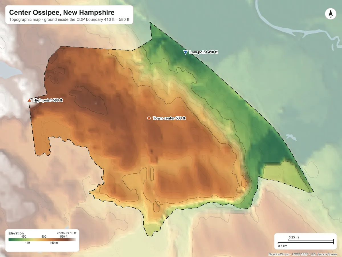 Topographic elevation map of Center Ossipee, New Hampshire, shaded from 410 ft on the northeast side to 580 ft at the foot of the Ossipee Mountains