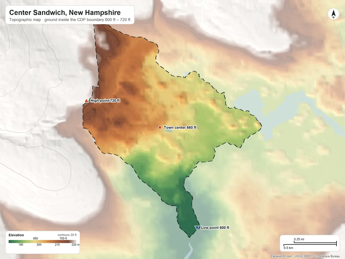 Topographic elevation map of Center Sandwich, New Hampshire, shaded from 600 ft on the south side to 720 ft at the foot of the Ossipee Mountains
