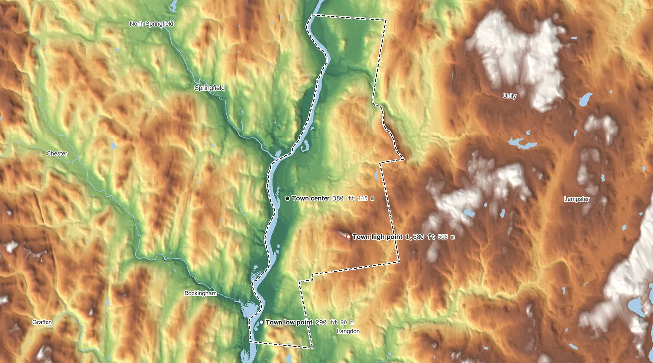 Topographic elevation map of Charlestown, New Hampshire, shaded from 290 ft on the south side to 1,680 ft on Sams Hill