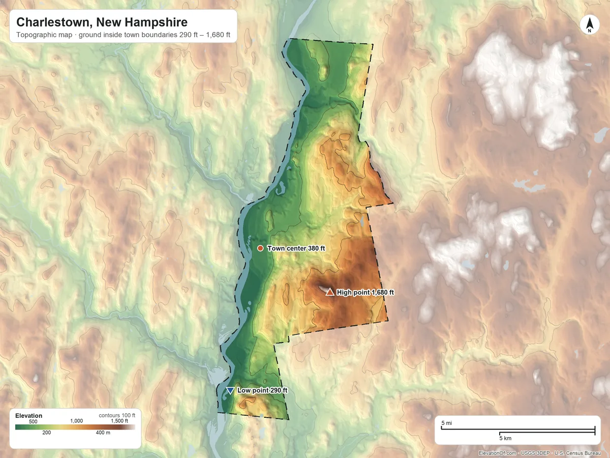 Topographic elevation map of Charlestown, New Hampshire, shaded from 290 ft on the south side to 1,680 ft on Sams Hill