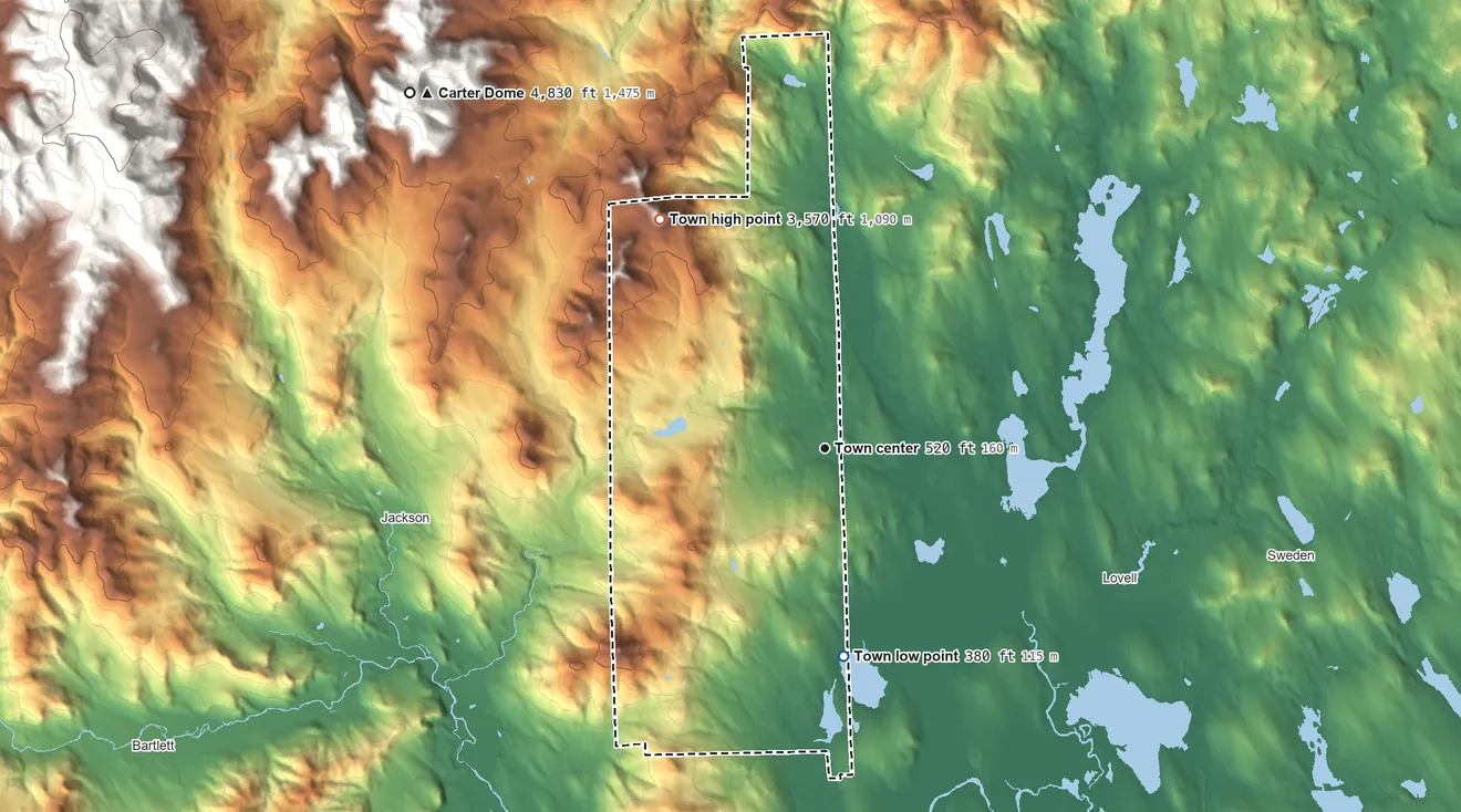 Topographic elevation map of Chatham, New Hampshire, shaded from 380 ft on the south side to 3,570 ft on South Baldface