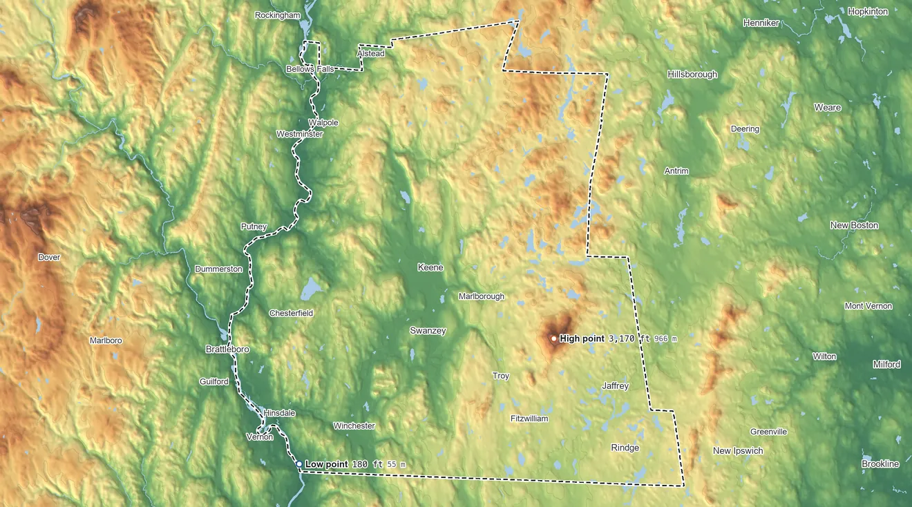 Topographic elevation map of Cheshire County, New Hampshire, shaded from 180 ft on the southwest side to 3,170 ft on Monadnock Mountain