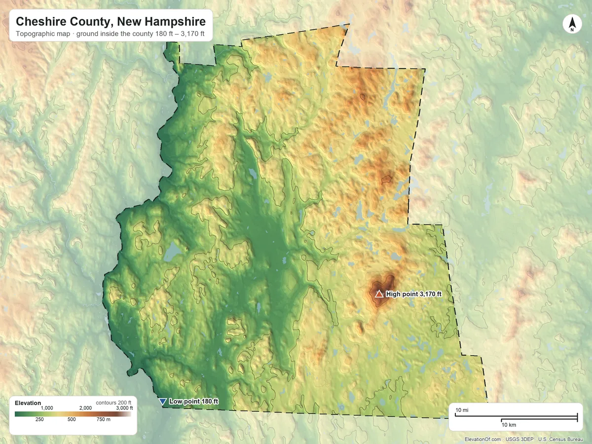 Topographic elevation map of Cheshire County, New Hampshire, shaded from 180 ft on the southwest side to 3,170 ft on Monadnock Mountain