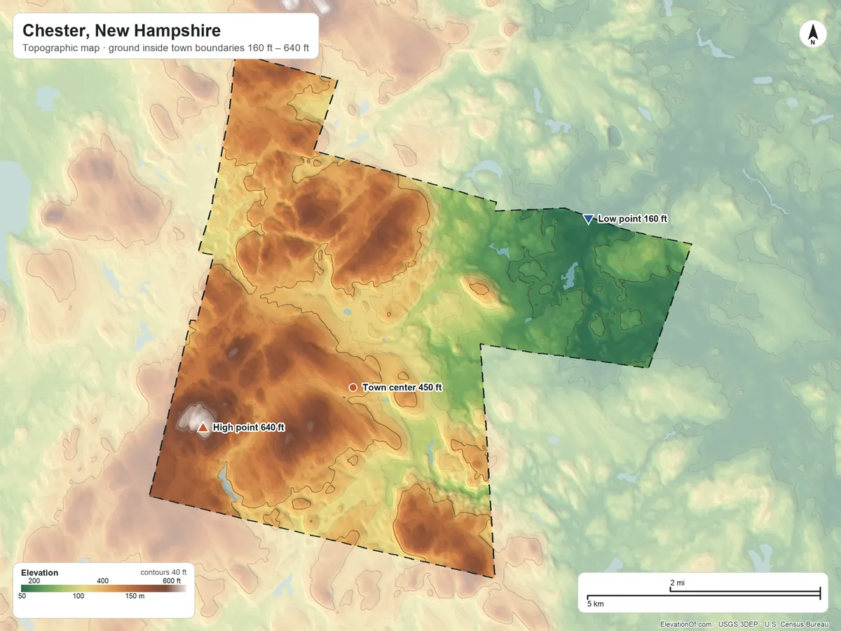 Topographic elevation map of Chester, New Hampshire, shaded from 160 ft on the northeast side to 640 ft on the west side