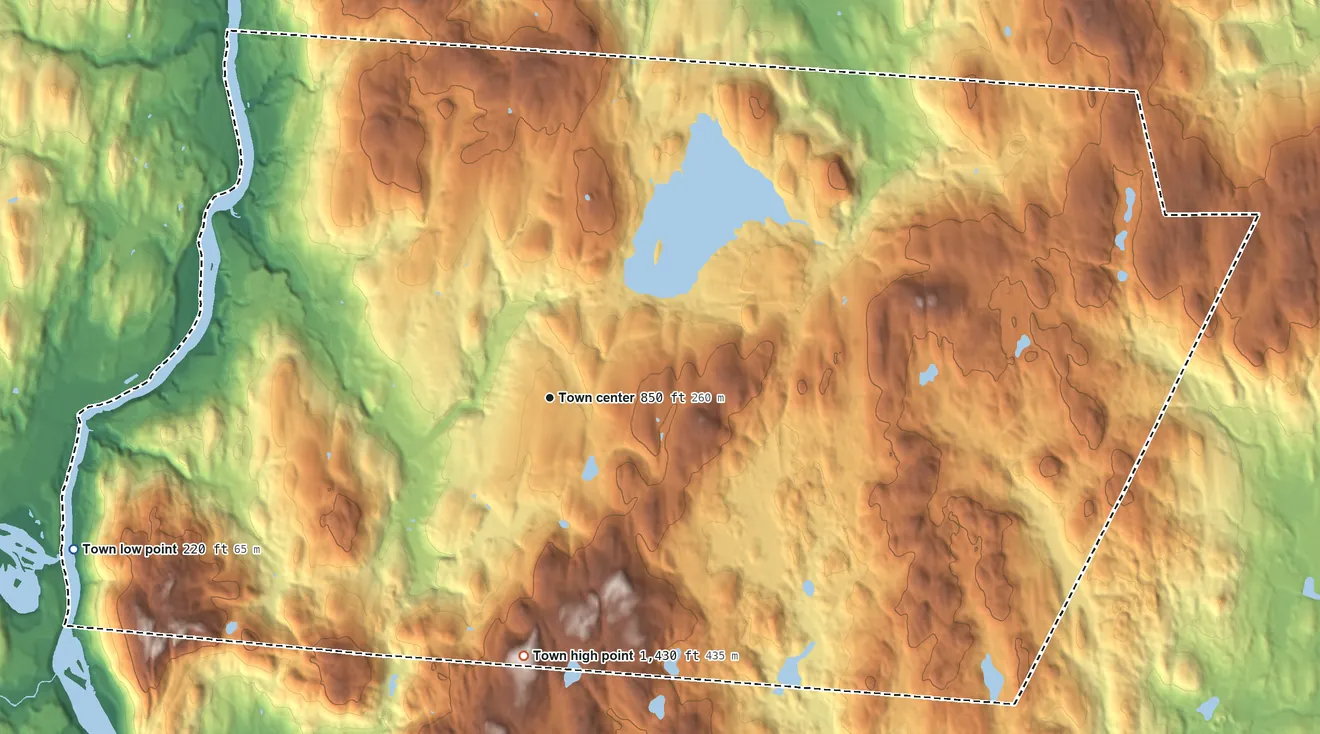 Topographic elevation map of Chesterfield, New Hampshire, shaded from 220 ft on the west side to 1,430 ft on Davis Hill
