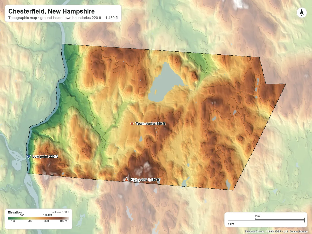 Topographic elevation map of Chesterfield, New Hampshire, shaded from 220 ft on the west side to 1,430 ft on Davis Hill