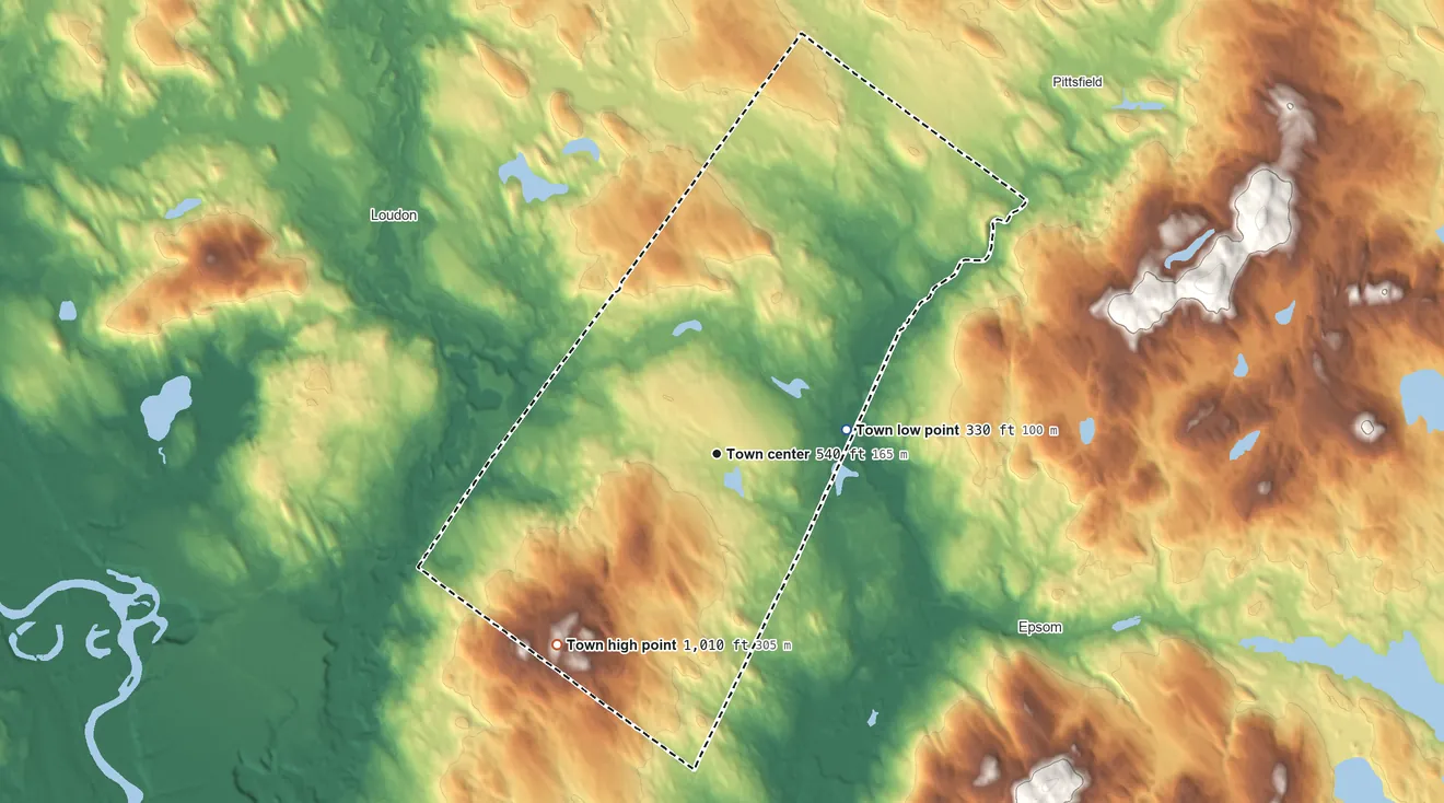 Topographic elevation map of Chichester, New Hampshire, shaded from 330 ft on the east side to 1,010 ft on the southwest side