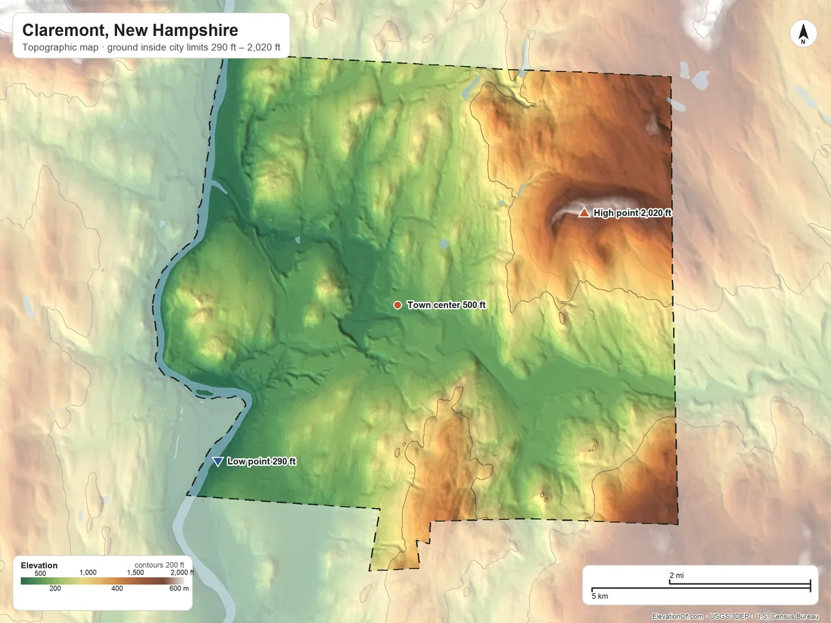 Topographic elevation map of Claremont, New Hampshire, shaded from 290 ft on the southwest side to 2,020 ft on Green Mountain