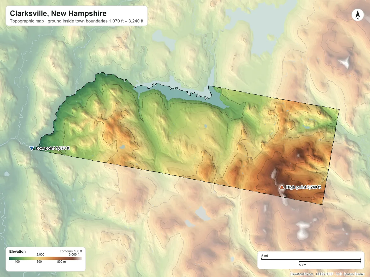 Topographic elevation map of Clarksville, New Hampshire, shaded from 1,070 ft on the west side to 3,240 ft on the east side