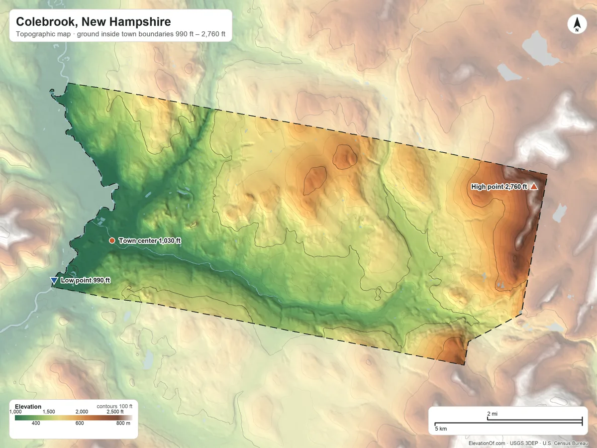 Topographic elevation map of Colebrook, New Hampshire, shaded from 990 ft on the southwest side to 2,760 ft on Van Dyck Mountain