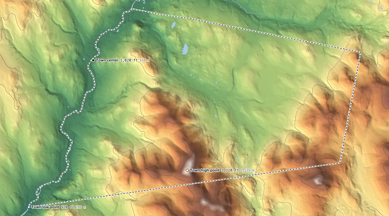 Topographic elevation map of Columbia, New Hampshire, shaded from 920 ft on the southwest side to 3,720 ft on Bunnell Mountain