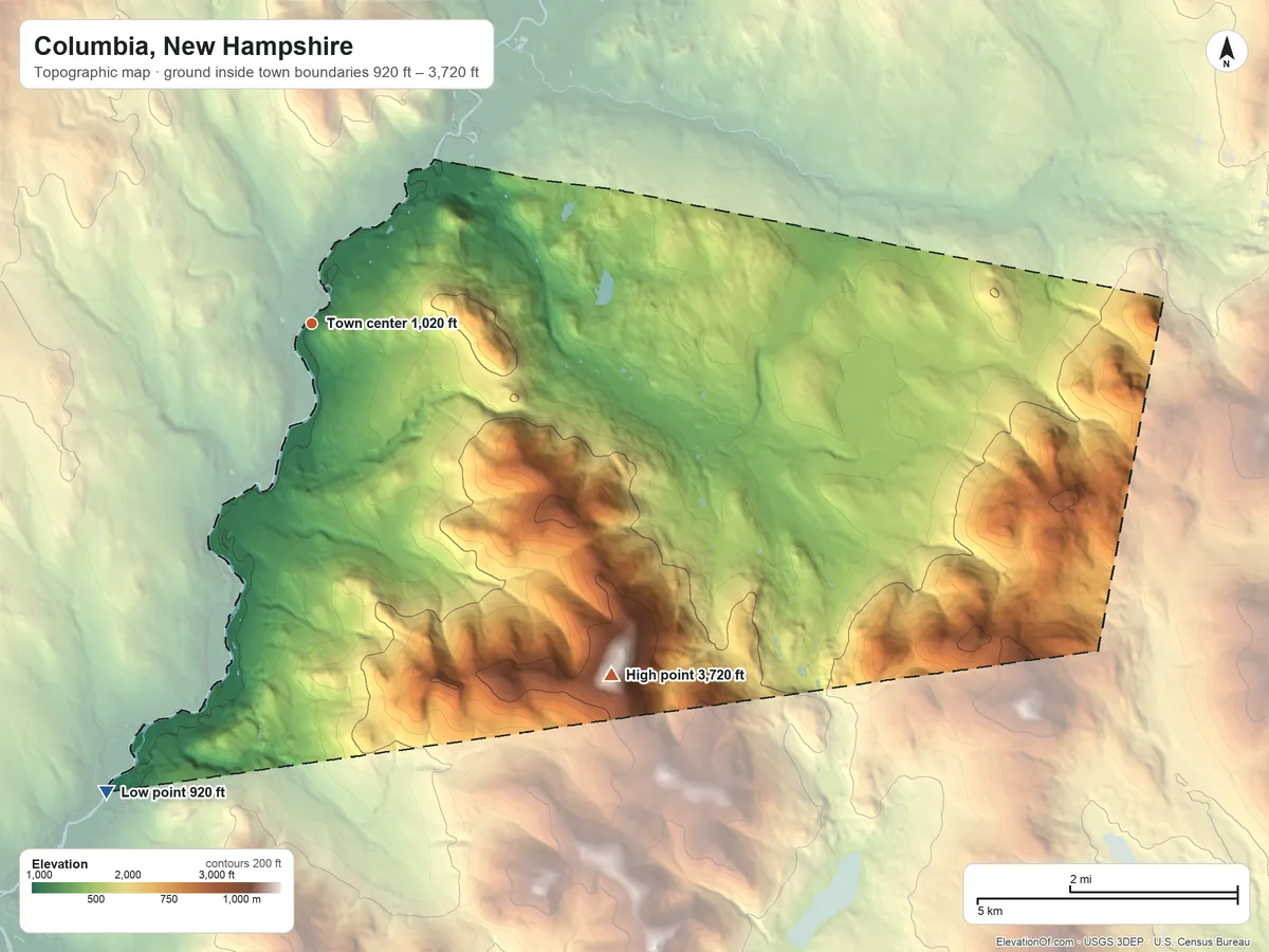 Topographic elevation map of Columbia, New Hampshire, shaded from 920 ft on the southwest side to 3,720 ft on Bunnell Mountain