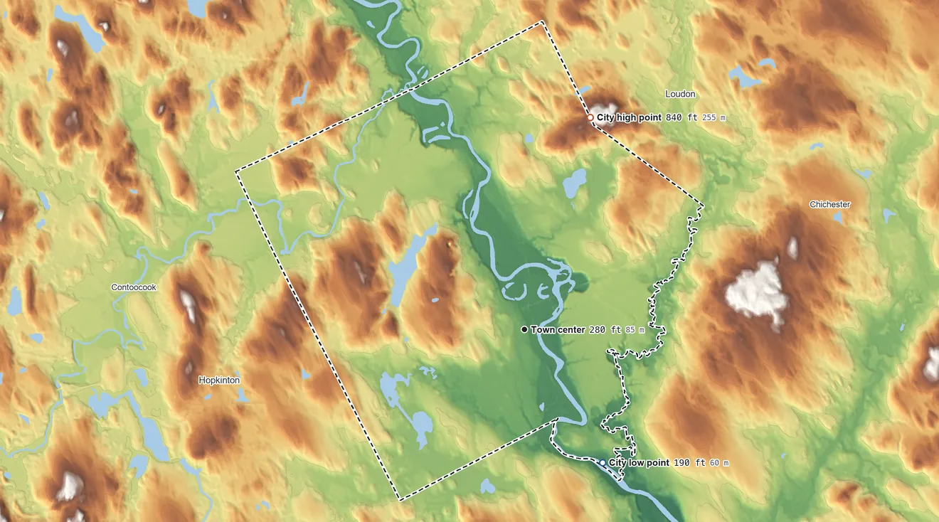 Topographic elevation map of Concord, New Hampshire, shaded from 190 ft on the southeast side to 840 ft on the north edge, below higher ground just outside