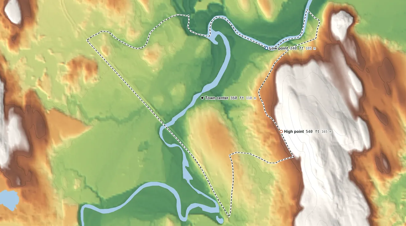 Topographic elevation map of Contoocook, New Hampshire, shaded from 340 ft on the northeast side to 540 ft on the southeast side