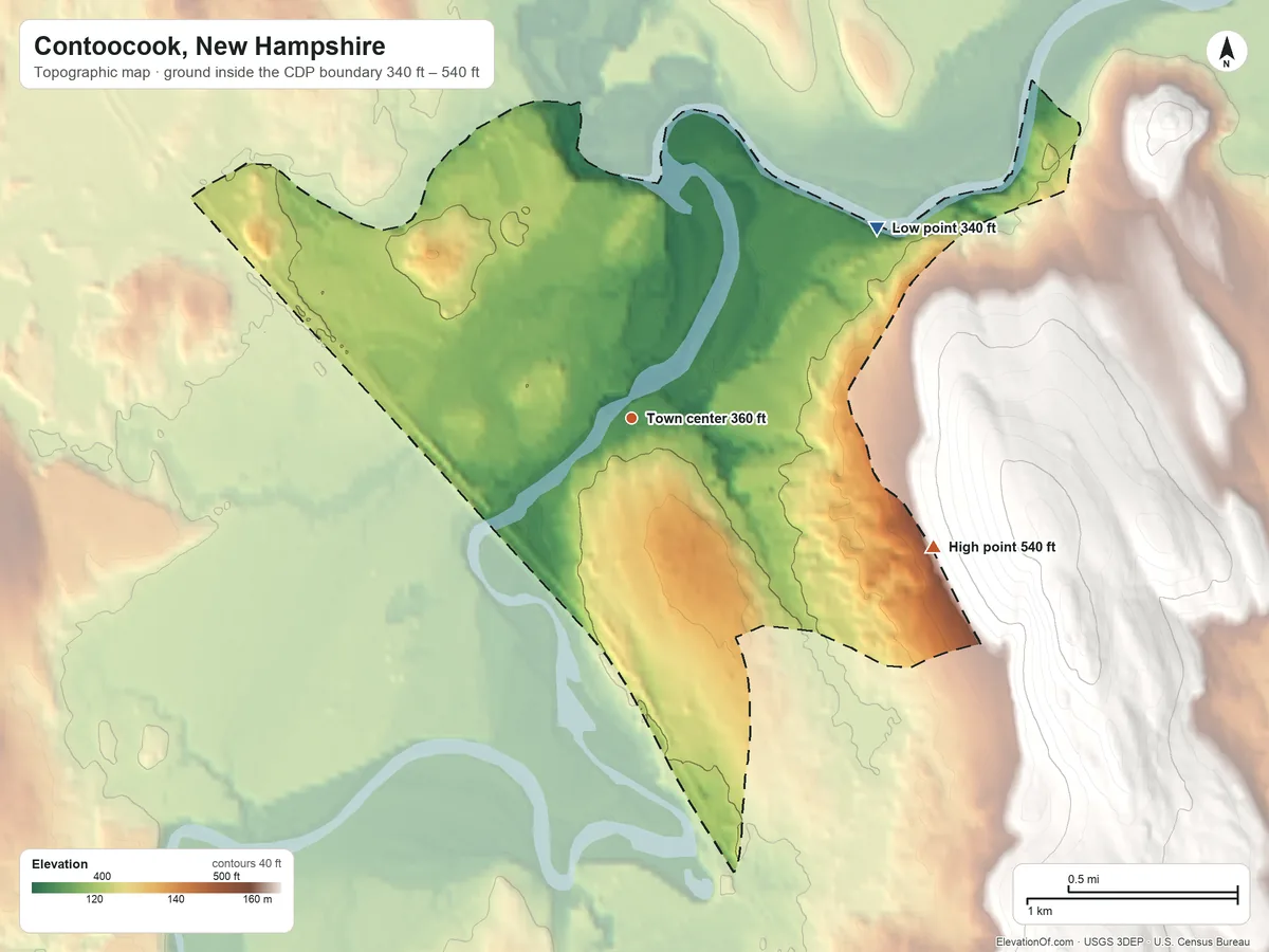 Topographic elevation map of Contoocook, New Hampshire, shaded from 340 ft on the northeast side to 540 ft on the southeast side