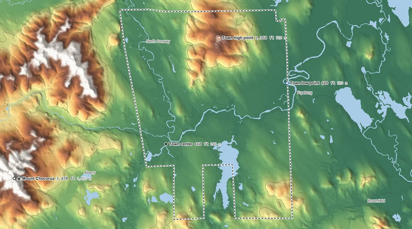Topographic elevation map of Conway, New Hampshire, shaded from 400 ft on the northeast side to 2,360 ft on Green Hills