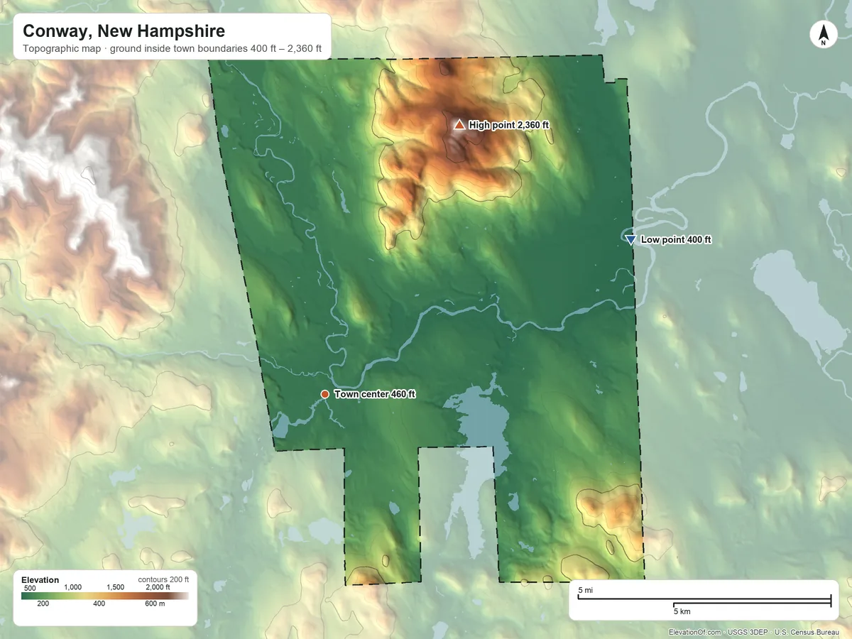 Topographic elevation map of Conway, New Hampshire, shaded from 400 ft on the northeast side to 2,360 ft on Green Hills